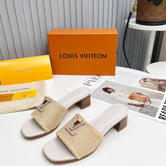 LV 26S CAPRI HIGH-HEELED MULES IN ASH BEIGE CALFSKIN AND RAFFIA