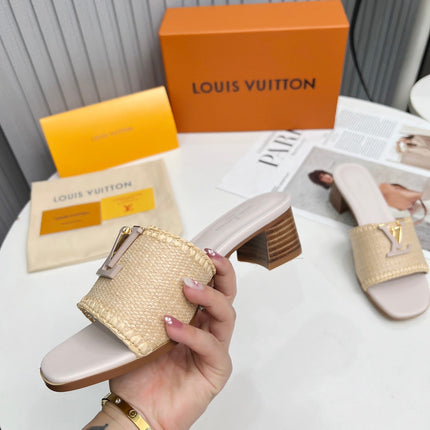 LV 26S CAPRI HIGH-HEELED MULES IN ASH BEIGE CALFSKIN AND RAFFIA