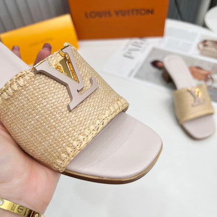 LV 26S CAPRI HIGH-HEELED MULES IN ASH BEIGE CALFSKIN AND RAFFIA
