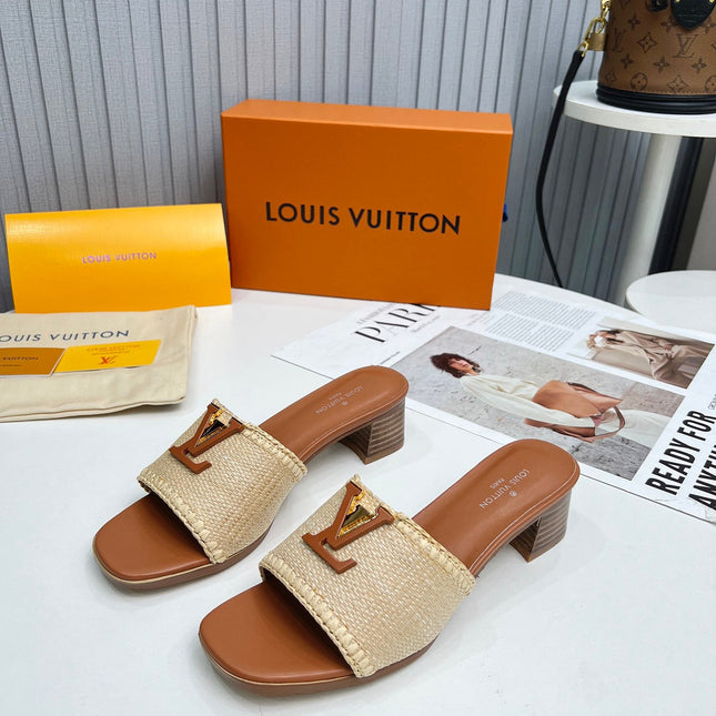 LV 26S CAPRI HIGH-HEELED MULES IN BROWN CALFSKIN AND BEIGE RAFFIA