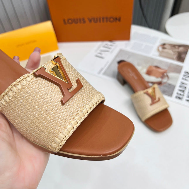 LV 26S CAPRI HIGH-HEELED MULES IN BROWN CALFSKIN AND BEIGE RAFFIA