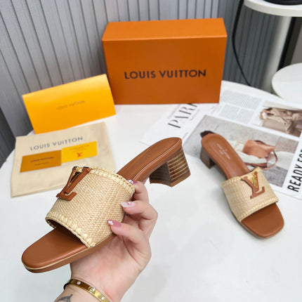 LV 26S CAPRI HIGH-HEELED MULES IN BROWN CALFSKIN AND BEIGE RAFFIA