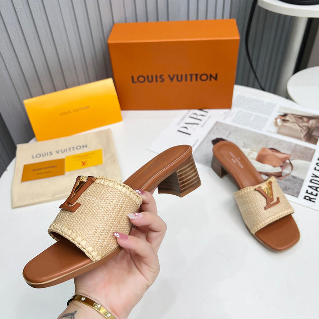 LV 26S CAPRI HIGH-HEELED MULES IN BROWN CALFSKIN AND BEIGE RAFFIA