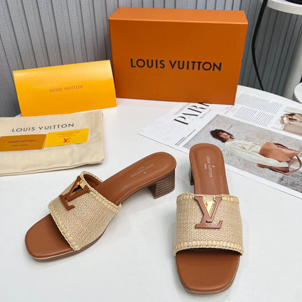 LV 26S CAPRI HIGH-HEELED MULES IN BROWN CALFSKIN AND BEIGE RAFFIA