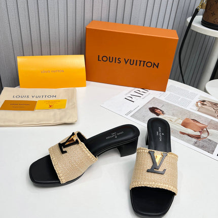 LV 26S CAPRI HIGH-HEELED MULES IN BLACK CALFSKIN AND BEIGE RAFFIA