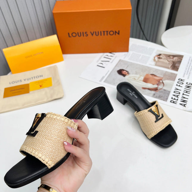 LV 26S CAPRI HIGH-HEELED MULES IN BLACK CALFSKIN AND BEIGE RAFFIA