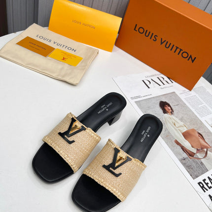 LV 26S CAPRI HIGH-HEELED MULES IN BLACK CALFSKIN AND BEIGE RAFFIA