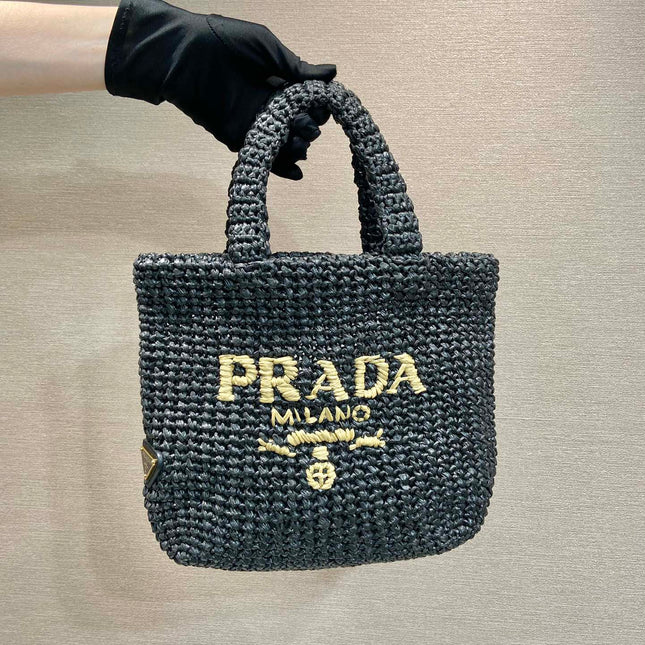 SMALL CROCHET TOTE BAG 24 IN BLACK MIX YELLOW RAFFIA