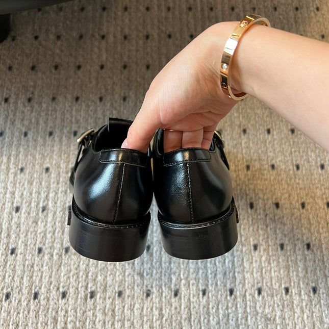 MIUMIU 26S SLIP-ON LOAFERS IN BLACK CALFSKIN SQUARE BUCKLE