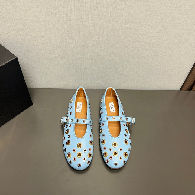 ALAIA MARY JANE SHOES IN LIGHT BLUE LAMBSKIN GOLD MIX SILVER HARDWARE