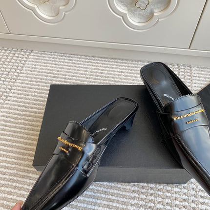 SQUARE-TOE MULES IN BLACK CALFSKIN