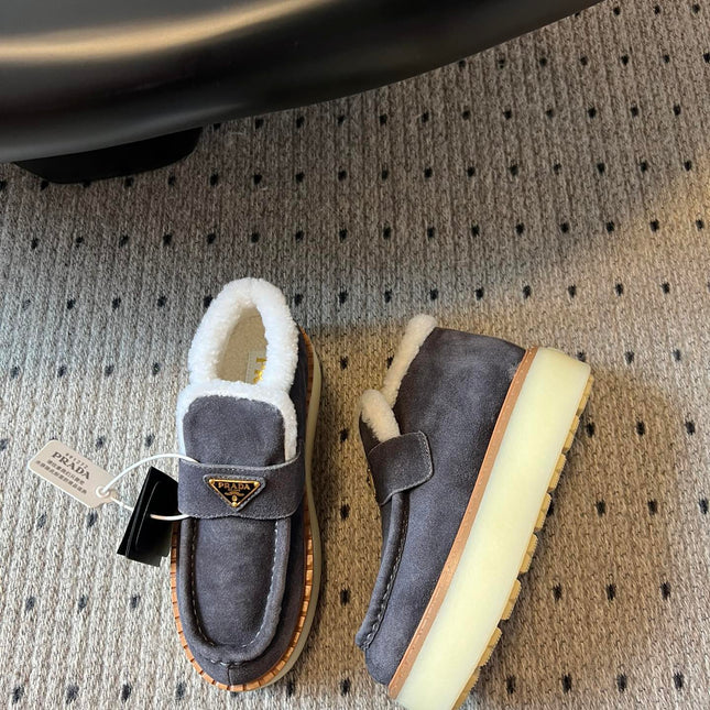PRADA WHITE SHEARLING LOAFERS IN GREY SUEDE