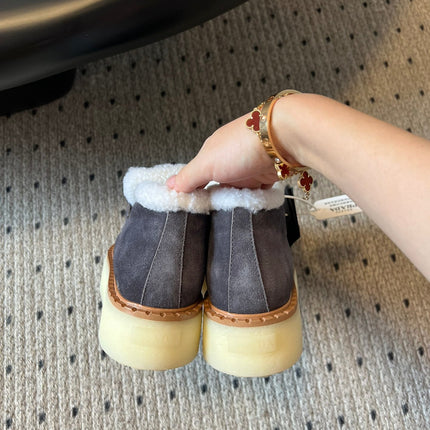 PRADA WHITE SHEARLING LOAFERS IN GREY SUEDE