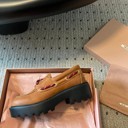 MIUMIU 26S CHUNKY SOLE LOAFERS IN TAN BROWN CALFSKIN