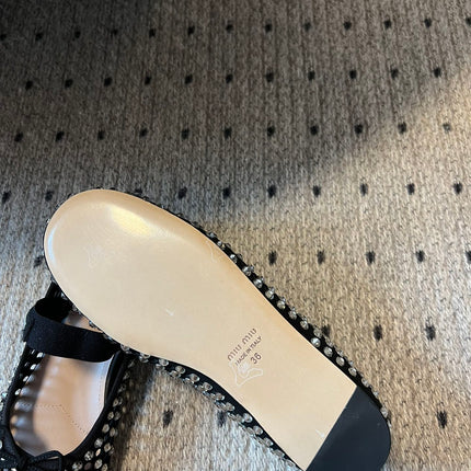 MIUMIU 26S BALLERINA FLATS IN BLACK MESH CALFSKIN WITH RHINESTONES