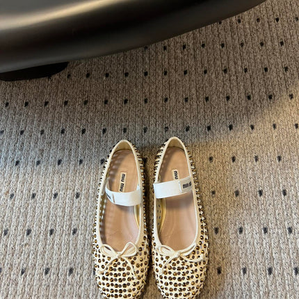 MIUMIU 26S BALLERINA FLATS IN LIGHT BEIGE MESH CALFSKIN WITH RHINESTONES