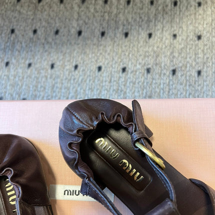 MIUMIU 26S FISHERMAN SANDALS IN DARK BROWN RUCHES NAPPA CALFSKIN