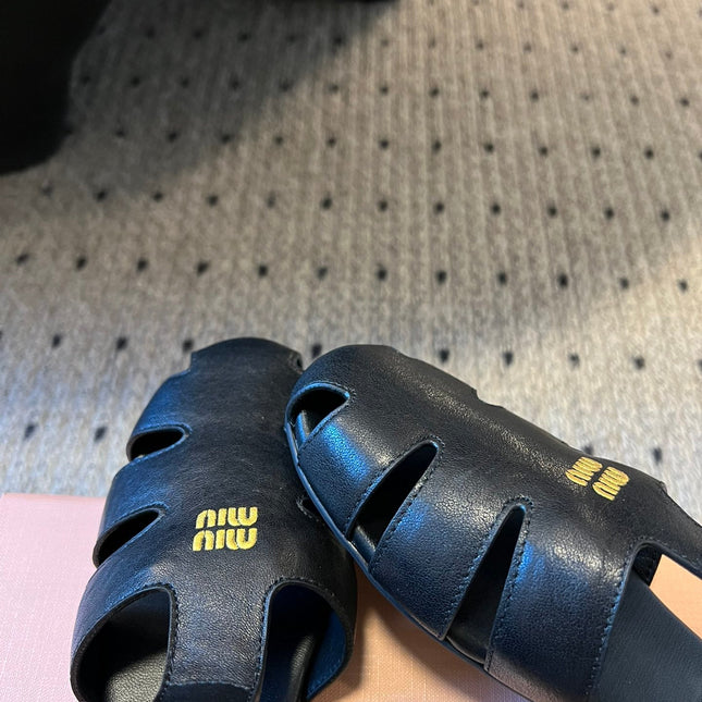 MIUMIU 26S FISHERMAN SANDALS IN BLACK RUCHES NAPPA CALFSKIN