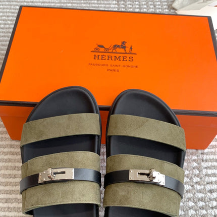 HM 26S KELLY BUCKLE DOUBLE STRAP SANDALS IN MOSS GREEN SUEDE SILVER HARDWARE