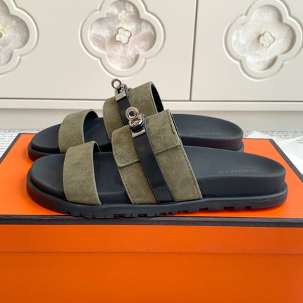 HM 26S KELLY BUCKLE DOUBLE STRAP SANDALS IN MOSS GREEN SUEDE SILVER HARDWARE
