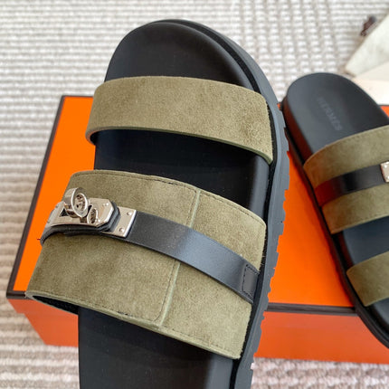 HM 26S KELLY BUCKLE DOUBLE STRAP SANDALS IN MOSS GREEN SUEDE SILVER HARDWARE