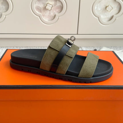 HM 26S KELLY BUCKLE DOUBLE STRAP SANDALS IN MOSS GREEN SUEDE SILVER HARDWARE