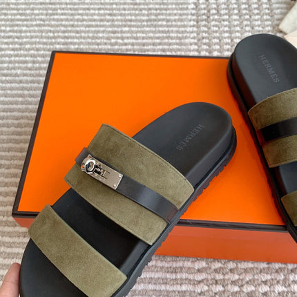 HM 26S KELLY BUCKLE DOUBLE STRAP SANDALS IN MOSS GREEN SUEDE SILVER HARDWARE
