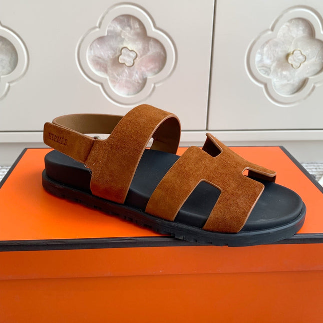 HM 26S CHYPRE SANDAL WITH BACK STRAP IN CARAMEL BROWN SUEDE