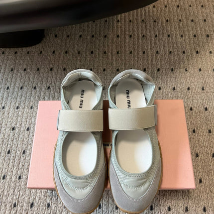 MIUMIU 26S BALLERINAS SHOES IN SAGE GREEN TYRE TECHNICAL FABRIC GREY SUEDE