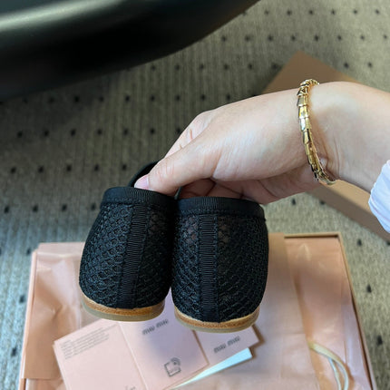MIUMIU 26S BALLERINAS IN BLACK MESH FABRIC WITH BOW