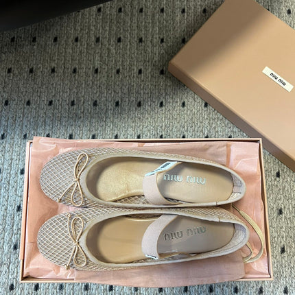 MIUMIU 26S BALLERINAS IN BEIGE MESH FABRIC WITH BOW
