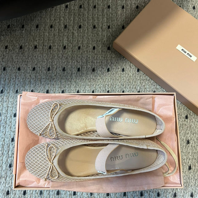 MIUMIU 26S BALLERINAS IN BEIGE MESH FABRIC WITH BOW