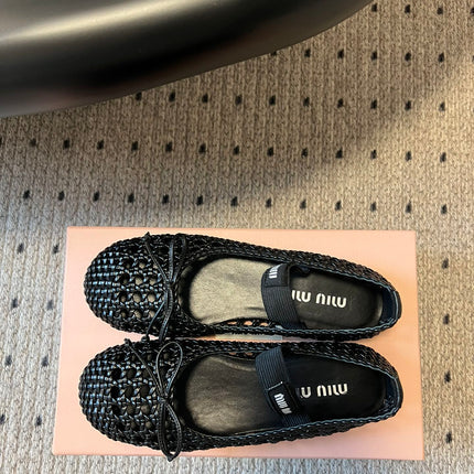 MIUMIU 26S BALLERINA FLATS IN BLACK MESH SHEEPSKIN