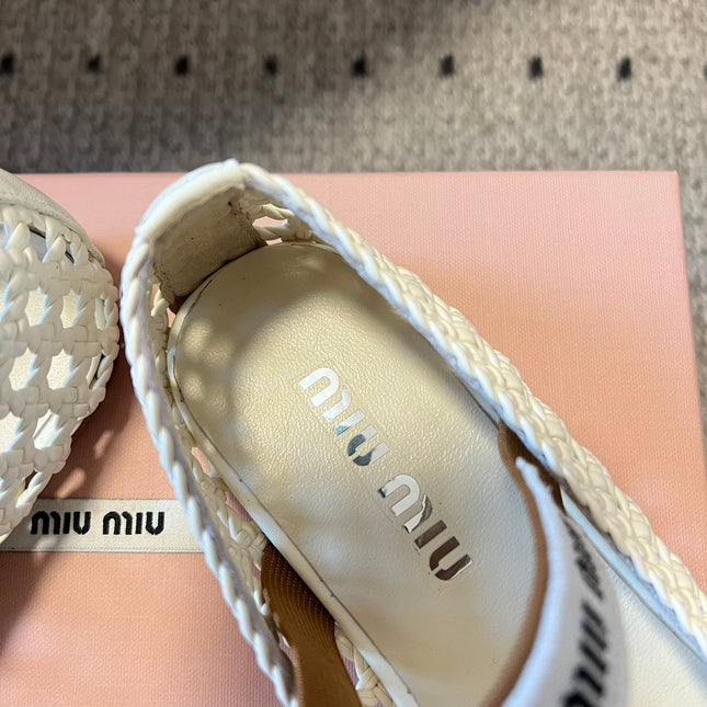 MIUMIU 26S BALLERINA FLATS IN CREAM WHITE MESH SHEEPSKIN
