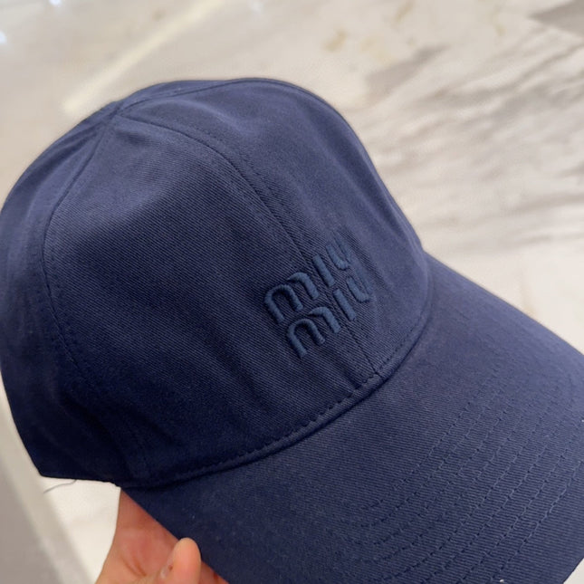 MIUMIU BASEBALL CAP IN NAVY BLUE FABRIC EMBROIDERED LOGO STYLE 1