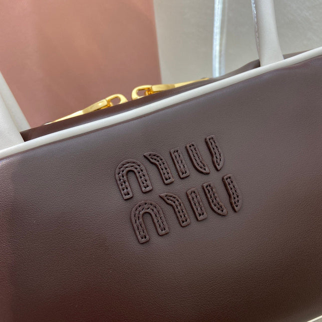 MIUMIU 26S BEAU BAG 28 IN DARK BROWN AND WHITE CALFSKIN