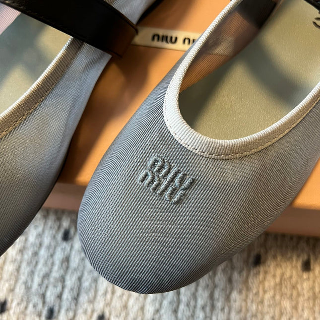 MIUMIU 26S BALLERINAS IN ALUMINUM GRAY MESH FABRIC