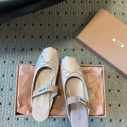 MIUMIU 26S BALLET MULES IN LIGHT PINK SATIN WITH BOW
