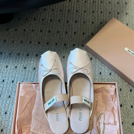 MIUMIU 26S BALLET MULES IN LIGHT PINK SATIN WITH BOW