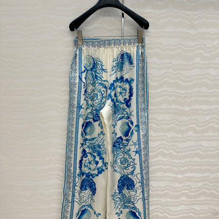 VERSACE SILK STRAIGHT-LEG PANTS WITH CORAL PRINT 263968