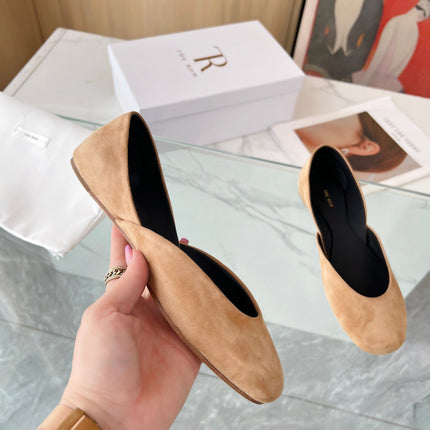 THE ROW 26S ROUND TOE BALLET FLATS IN DARK BEIGE SUEDE