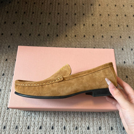 MIUMIU 26S LOAFERS IN TAN BROWN SUEDE