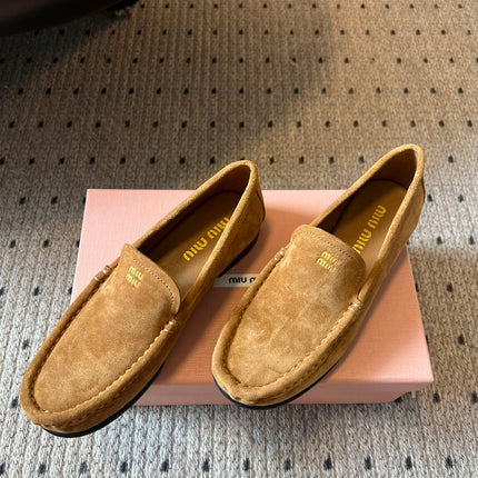 MIUMIU 26S LOAFERS IN TAN BROWN SUEDE