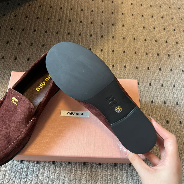 MIUMIU 26S LOAFERS IN AUBURN BROWN SUEDE