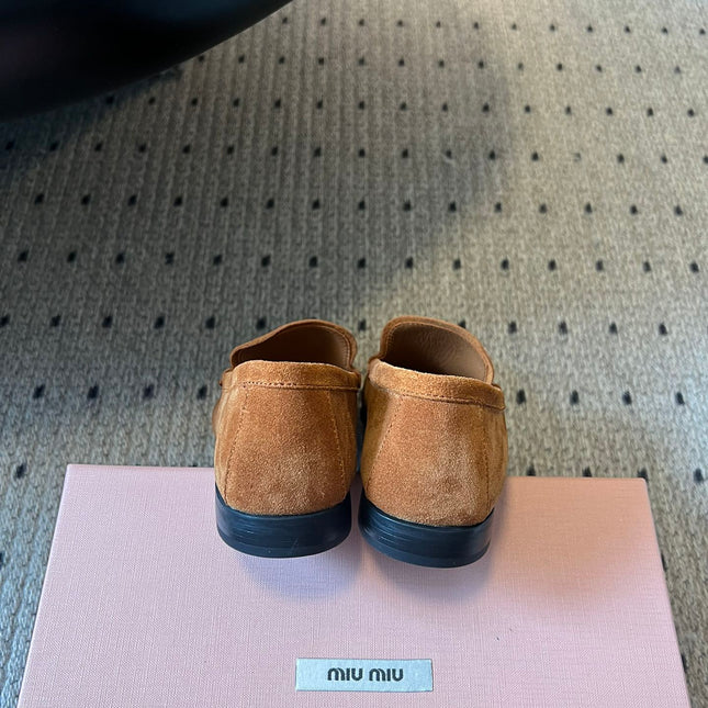 MIUMIU 26S LOAFERS IN CARAMEL BROWN SUEDE