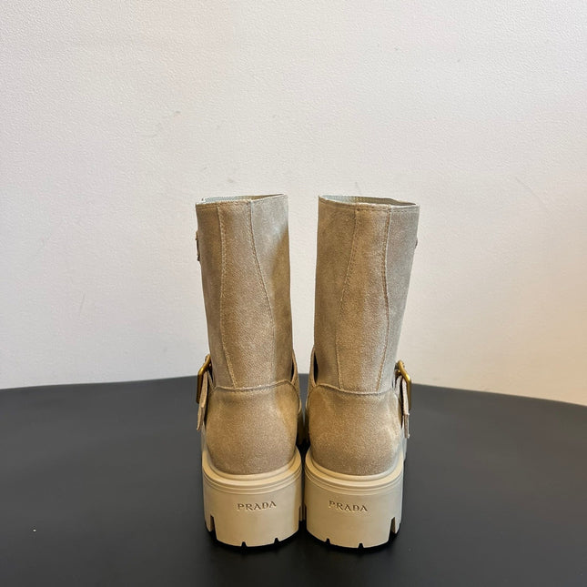 PRADA 25S PLATFORM ANKLE BOOTS IN BEIGE SUEDE WITH GOLD HARDWARE