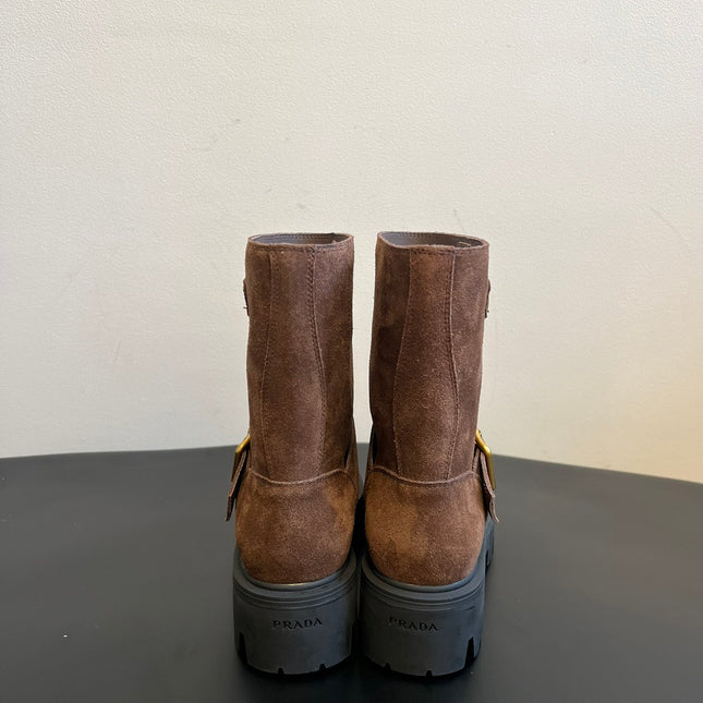 PRADA 25S PLATFORM ANKLE BOOTS IN BROWN SUEDE WITH GOLD HARDWARE