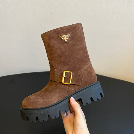 PRADA 25S PLATFORM ANKLE BOOTS IN BROWN SUEDE WITH GOLD HARDWARE