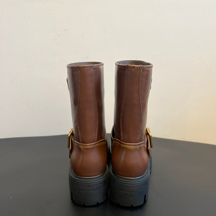 PRADA 25S PLATFORM ANKLE BOOTS IN BROWN CALFSKIN WITH GOLD HARDWARE