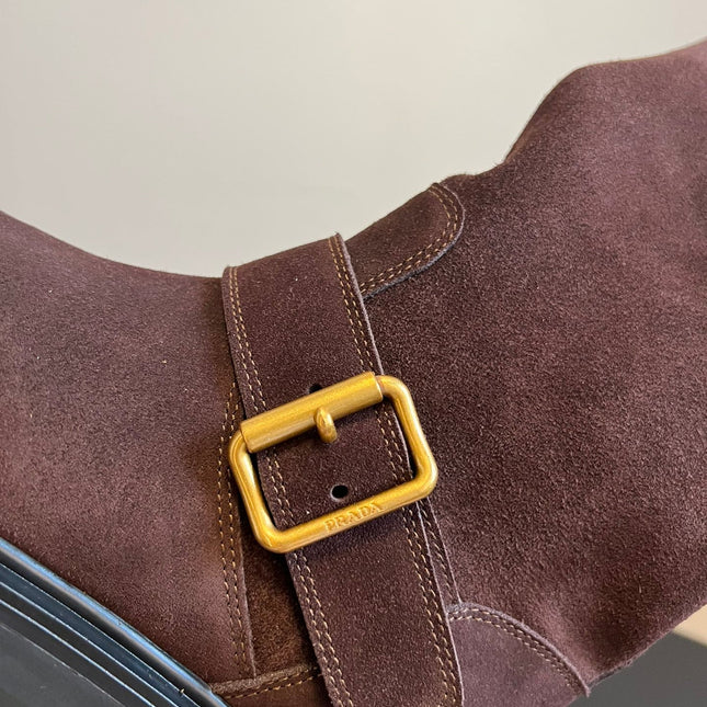 PRADA 25S HIGH-CUT PLATFORM BOOTS IN BROWN SUEDE WITH GOLD HARDWARE